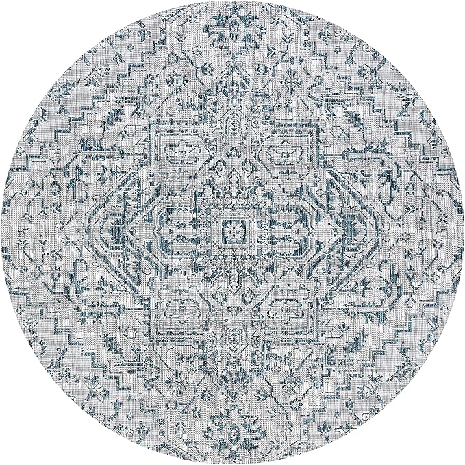 JONATHAN Y SMB105C-4R Estrella Bohemian Medallion Textured Weave Teal/Gray 4' Round Indoor/Outdoor Area Rug, Pet Friendly, Non-Shedding, Stain Resistant, Easy-Cleaning for Backyard, Patio, Porch