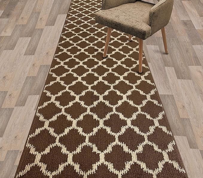 Custom Size Cut to Length Moroccan Trellis Design Runner Rug Mat For Wide Long Hallways with Non-Slip Rubber Backing, Better Traction for Pets, Prevent Slippage, Trellis Brown, 31 inch X 25 feet