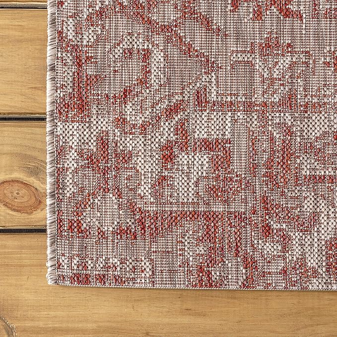 JONATHAN Y SMB105A-9SQ Estrella Bohemian Medallion Textured Weave Red/Taupe 9' Square Indoor/Outdoor Area Rug, Pet Friendly, Non-Shedding, Stain Resistant, Easy-Cleaning for Backyard, Patio, Porch
