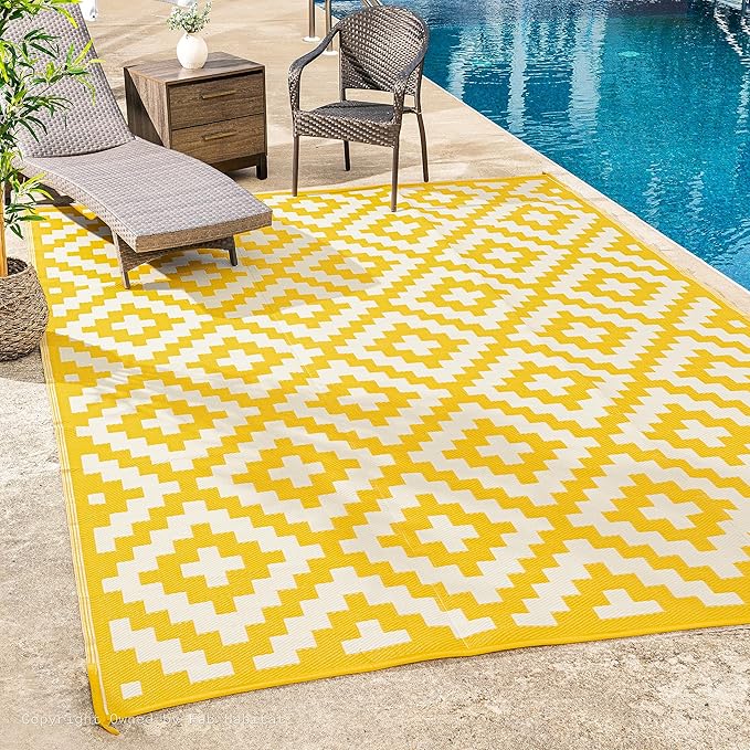 FH Home Outdoor Rug - Waterproof, Fade Resistant, Reversible - Premium Recycled Plastic - Geometric - Patio, Porch, Deck, Balcony - Aztec - Yellow & White Crease Free - 5 x 8 ft