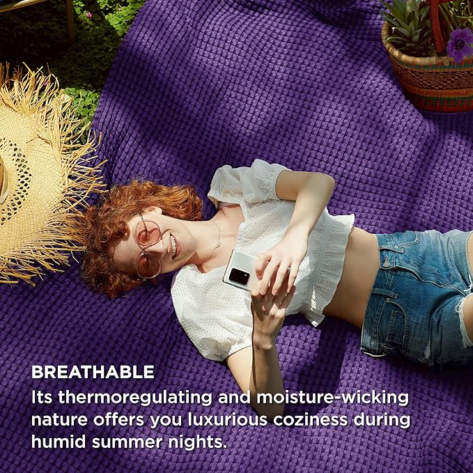 Bedsure Cooling Cotton Waffle Twin XL Blanket - Lightweight Breathable Blanket of Rayon Derived from Bamboo for Hot Sleepers, Luxury Throws for Bed, Couch and Sofa, Purple, 66x90 Inches