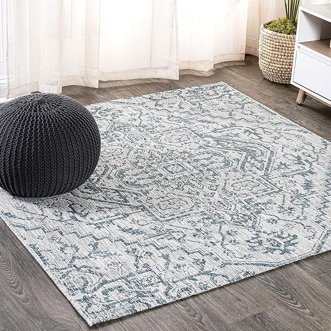JONATHAN Y SMB105C-4SQ Estrella Bohemian Medallion Textured Weave Teal/Gray 4' Square Indoor/Outdoor Area Rug, Pet Friendly, Non-Shedding, Stain Resistant, Easy-Cleaning for Backyard, Patio, Porch