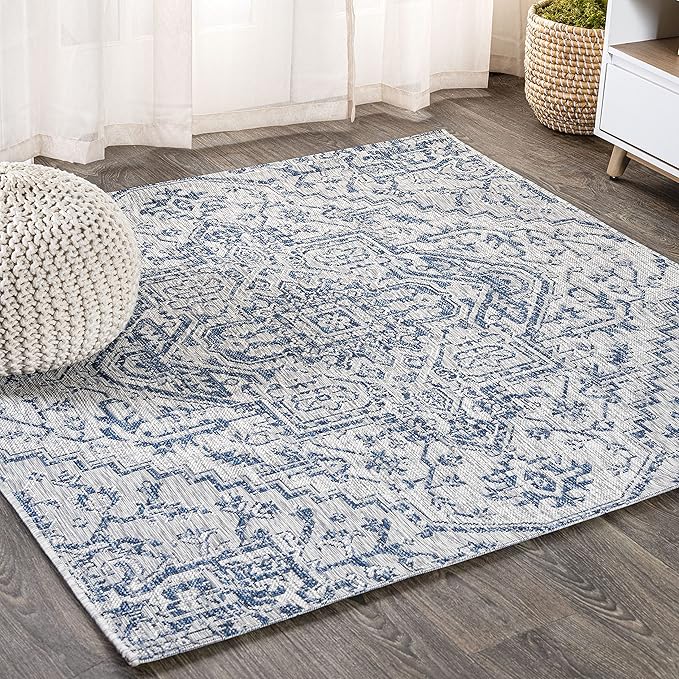 JONATHAN Y SMB105B-3SQ Estrella Bohemian Medallion Textured Weave Indoor/Outdoor Area Rug, Coastal, Traditional, Vintage for Bedroom, Kitchen, Living Room, Easy-Cleaning, Navy/Gray, 3' Square
