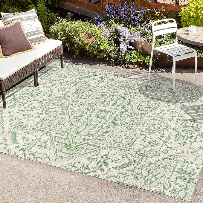 JONATHAN Y SMB105G-9 Estrella Bohemian Medallion Textured Weave Indoor Outdoor Area-Rug, Coastal Traditional Easy-Cleaning,Bedroom,Kitchen,Backyard,Patio,Non Shedding, 9 X 12, Green/Cream