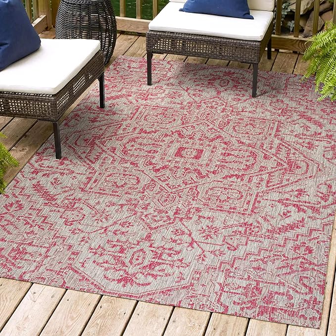 JONATHAN Y SMB105F-9 Estrella Bohemian Medallion Textured Weave Indoor Outdoor Area-Rug, Coastal Traditional Easy-Cleaning,Bedroom,Kitchen,Backyard,Patio,Non Shedding, 9 X 12, Light Gray/Fuchsia