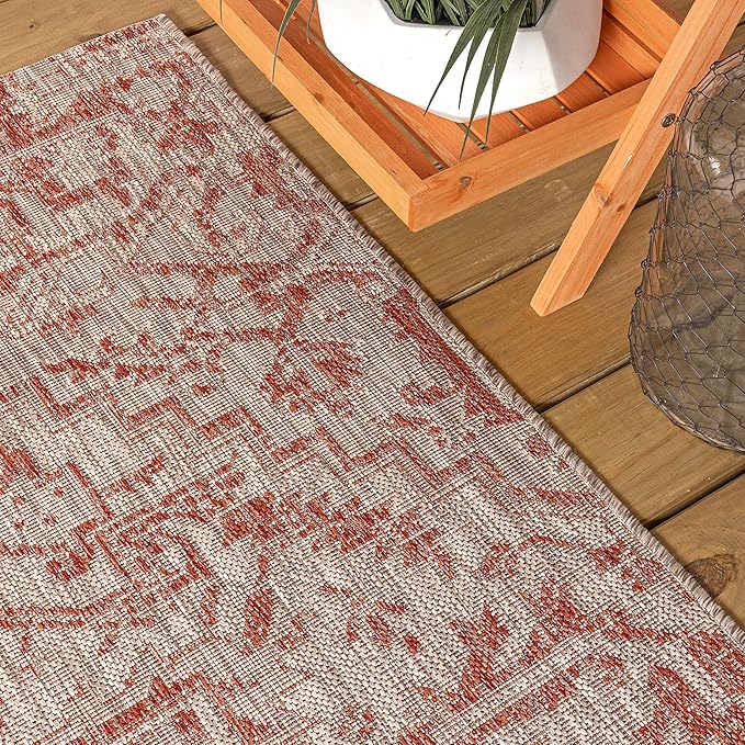 JONATHAN Y SMB105A-5SQ Estrella Bohemian Medallion Textured Weave Indoor Outdoor Area-Rug Coastal Bohemian Rustic Glam Easy-Cleaning Bedroom Kitchen Backyard Patio Non Shedding, 5' Square, Red/Taupe
