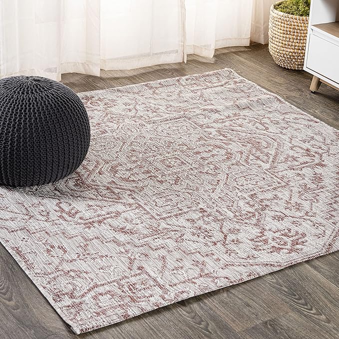 JONATHAN Y SMB105A-8SQ Estrella Bohemian Medallion Textured Weave Red/Taupe 8' Square Indoor/Outdoor Area Rug, Pet Friendly, Non-Shedding, Stain Resistant, Easy-Cleaning for Backyard, Patio, Porch