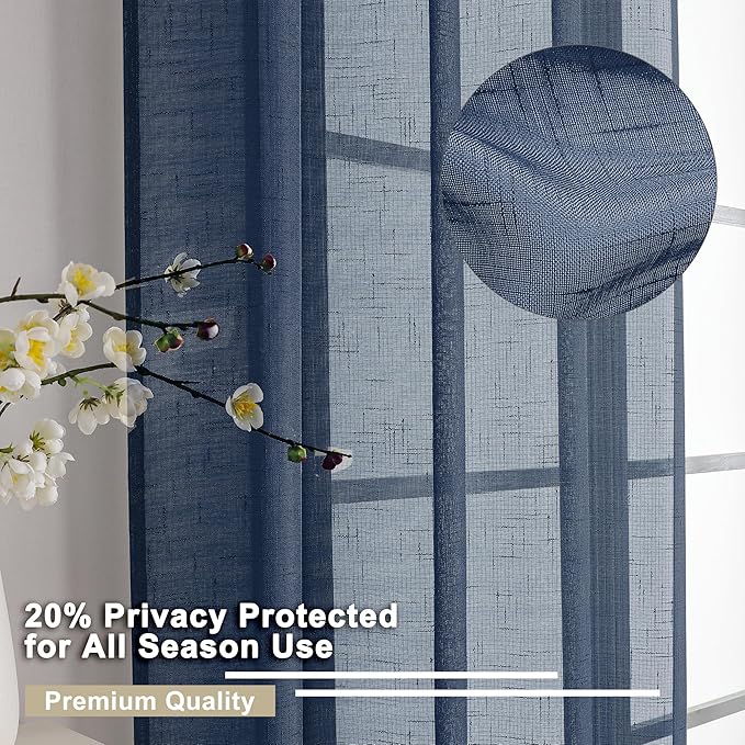 Aiyufeng Linen Textured Blue Sheer Curtains 72 inches Long 2 Panels, Sheer Navy Blue Curtains Breathable Elegant Drapes for Living Room Kitchen, 40Wx72L inch