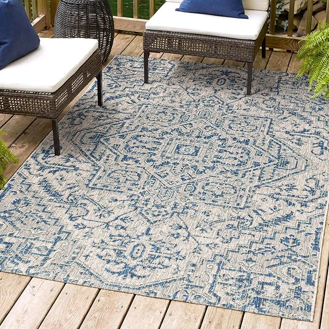 JONATHAN Y SMB105B-3 Estrella Bohemian Medallion Textured Weave Navy/Gray 3 ft. x 5 ft. Indoor/Outdoor Area Rug Coastal, Traditional, Transitional, Perfect for Backyard, Patio, Porch