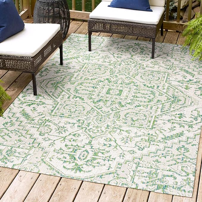 JONATHAN Y SMB105G-8 Estrella Bohemian Medallion Textured Weave Indoor Outdoor Area-Rug, Coastal Traditional Easy-Cleaning,Bedroom,Kitchen,Backyard,Patio,Non Shedding, 8 X 10, Green/Cream