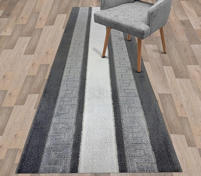 Custom Length Cut to Size Ancient Latin Hellenic Motif Carpet Runner Rug for Hallways, Non Slip Rubber Backed, 31 inch Wide X Customized Length, Greek Key Grey, 31 inch X 21 feet
