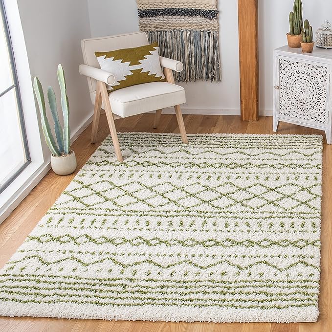 SAFAVIEH Arizona Shag Collection Accent Rug - 3'2" x 5', Ivory & Green, Moroccan Design, Non-Shedding & Easy Care, 1.6-inch Thick Ideal for High Traffic Areas in Foyer, Living Room, Bedroom (ASG741Y)