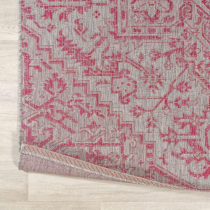 JONATHAN Y SMB105F-210 Estrella Bohemian Medallion Textured Weave Indoor Outdoor Runner Rug,Coastal,Traditional,Transitional Easy Clean,Bedroom,Kitchen,Backyard,Patio,NonShed,Light Gray/Fuchsia,2 X 10