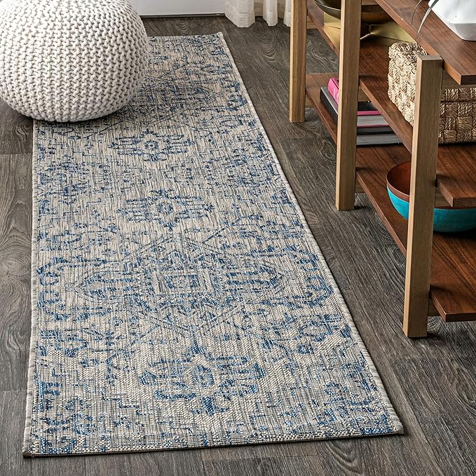 JONATHAN Y SMB105B-220 Estrella Bohemian Medallion Textured Weave Indoor/Outdoor Runner Rug, Coastal, Traditional, Vintage for Bedroom, Kitchen, Living Room, Easy-Cleaning, Navy/Gray, 2 ft. x 20 ft.