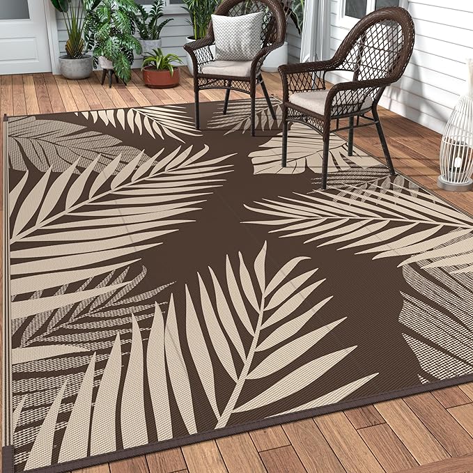GENIMO Outdoor Rug 6' x 9' Waterproof for Patios Clearance, Reversible Outdoor Plastic Straw Camping Rug Carpet, Large Area Rugs Mats for RV, Camper, Deck, Balcony, Porch, Beach, Picnic, Coffee&Beige