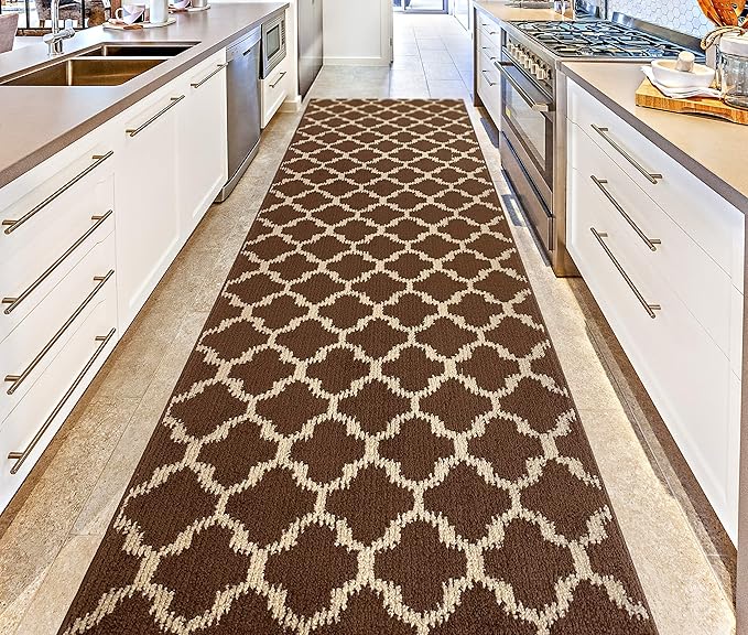 Custom Size Cut to Length Moroccan Trellis Design Runner Rug Mat For Wide Long Hallways with Non-Slip Rubber Backing, Better Traction for Pets, Prevent Slippage, Trellis Brown, 31 inch X 20 feet