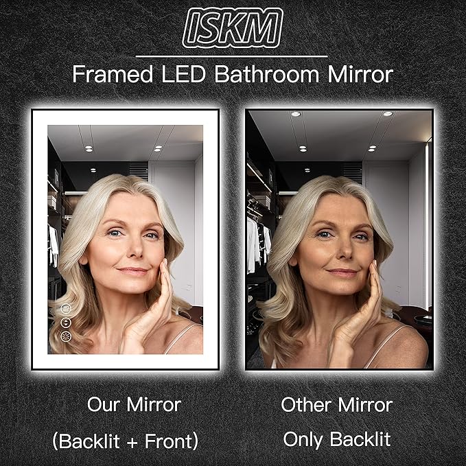 ISKM Framed LED Mirror for Bathroom 36"x36", Dimmable LED Bathroom Mirror with Lights, Anti-Fog, Front and Backlit Lighted Mirror 3-Colors, Shatterproof, Memory Function